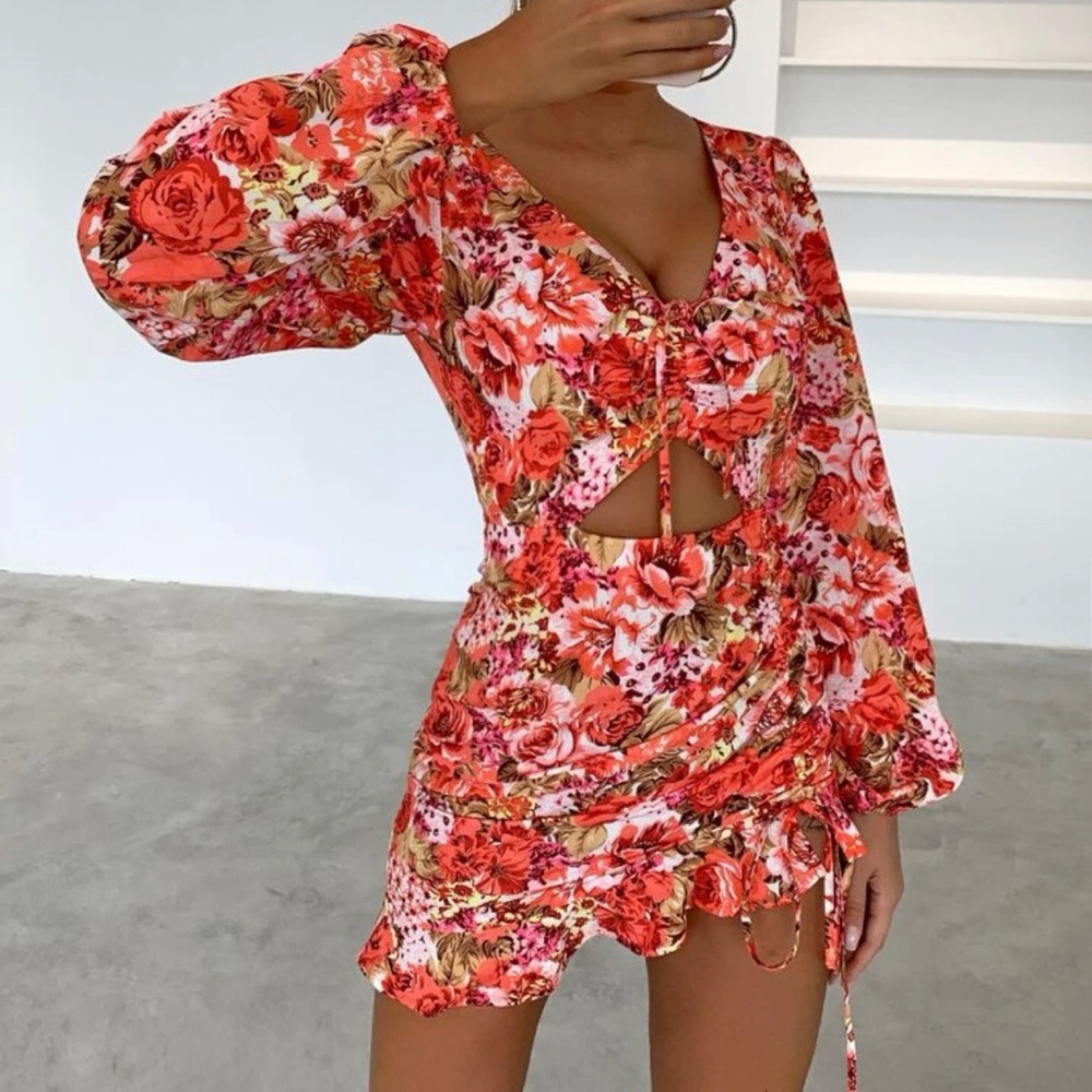 Floral bodycon ruched drawstring dress